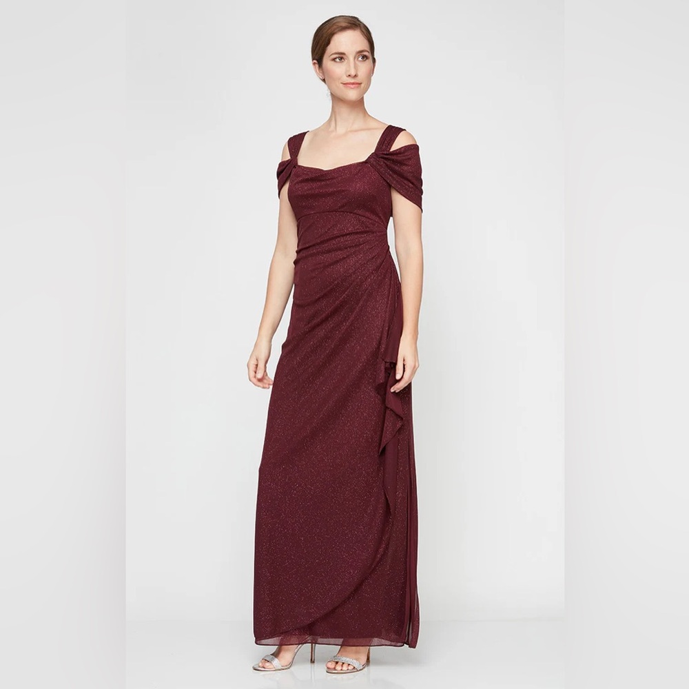 Alex Evenings Cold Shoulder Glitter Mesh Gown